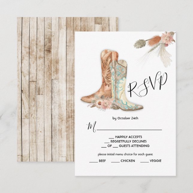 Blumenstiefel Cowboy Western Menü Auswahl RSVP Kar Einladung (Vorne/Hinten)