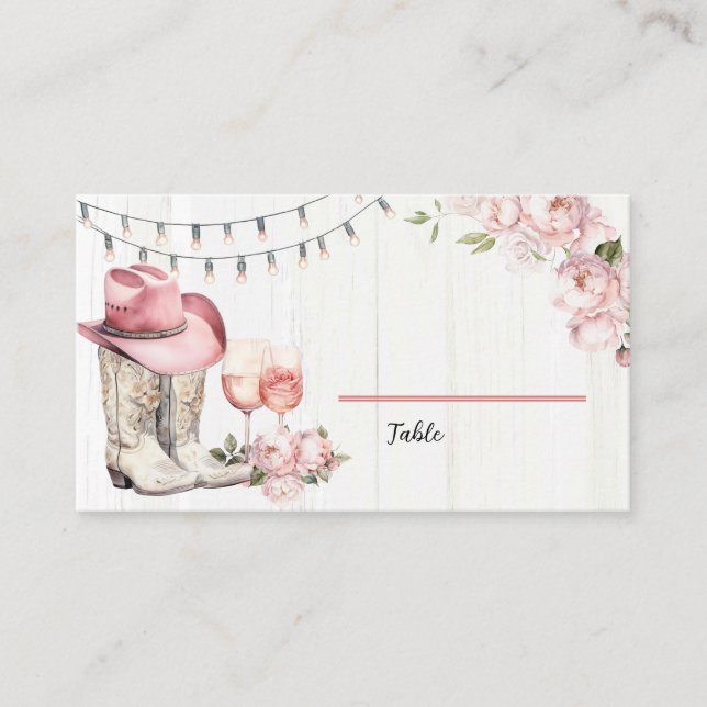 Blumenstiefel und Bubbly für Western Platzkarte (Vorderseite)