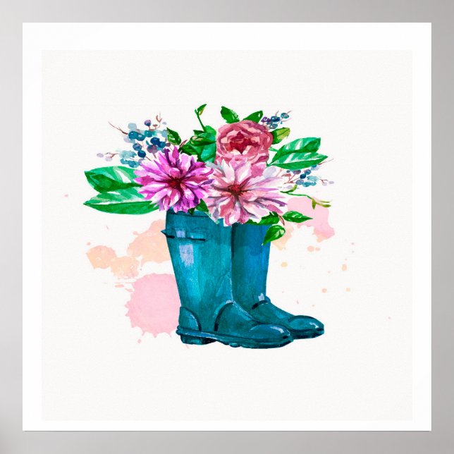 Blumenstiefel Wasserfarbe - Kunstdrucken Frühjahr Poster (Vorne)