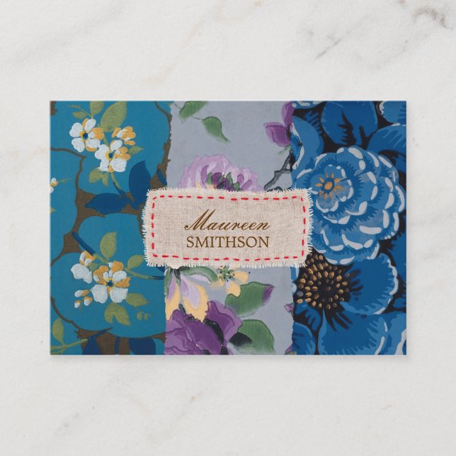Blumenstoff-Patchwork (Blau) Personalisiert Visitenkarte (Vorderseite)