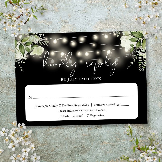 Blumenstränge leuchten schwarz-weiß Hochzeit RSVP Karte (Floral String Lights Black And White Wedding RSVP Card)