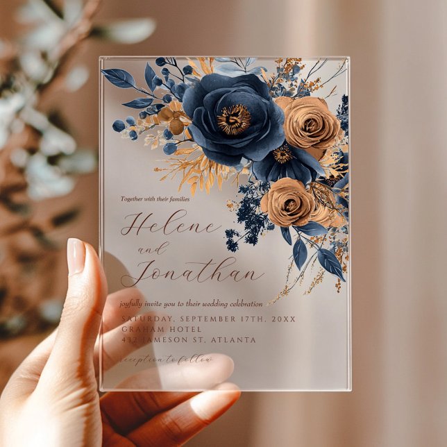 Blumenstrasse Blauen Terracotta Rost Elegante Hoch Acryleinladungen (Floral Navy Blue Terracotta Rust Elegant Wedding Acrylic Invitations)