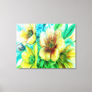 Blumenstrauß aus gelben blühenden Blumen an einer Leinwanddruck