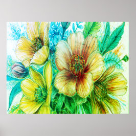 Blumenstrauß aus grün blühenden Blumen an einer Wa Poster
