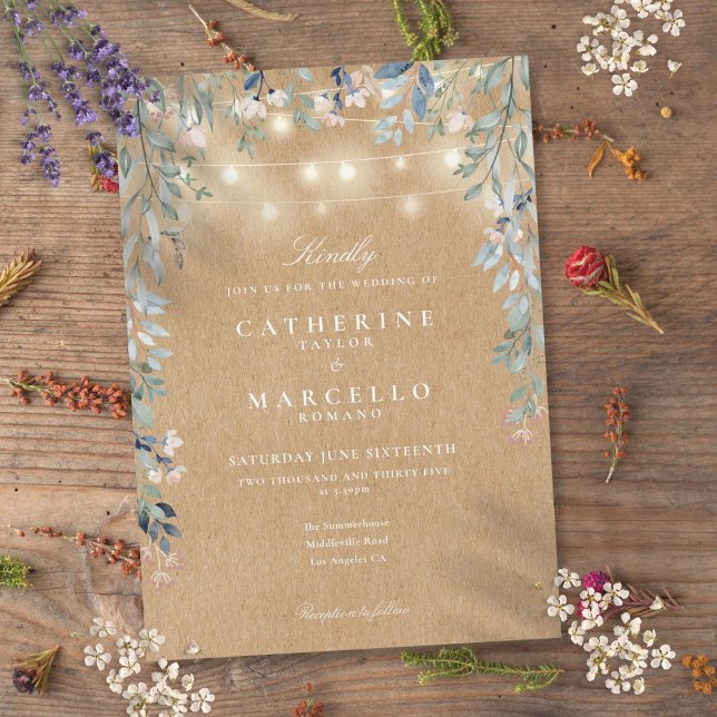 Blumenstrauß beleuchtet Rustikale Kraft Hochzeit Einladung (Floral String Lights Rustic Kraft Wedding Invitation)