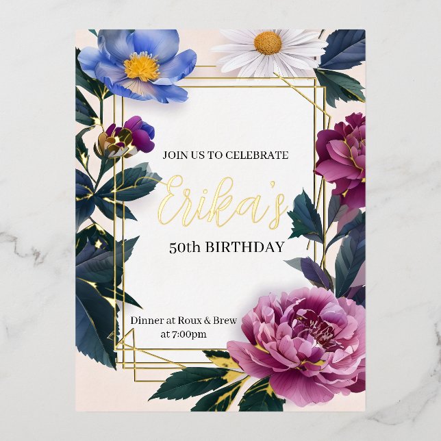 Blumenstrauß Birthday Gold Foil Einladung (Vorderseite)