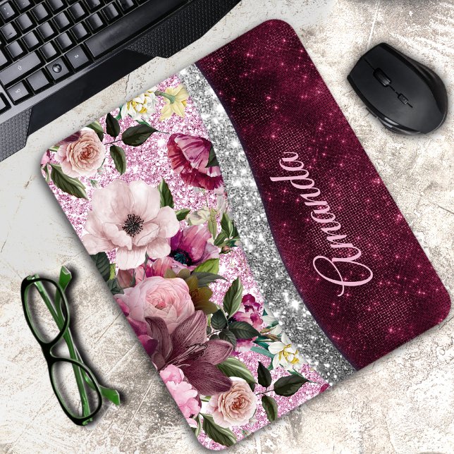 Blumenstrauß Burgund Pink Silber Imitate Glitzer M Mousepad (Von Creator hochgeladen)