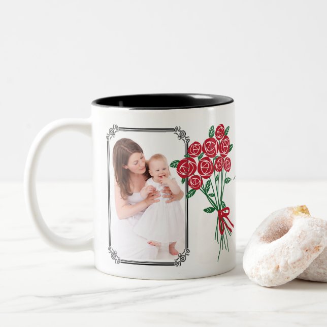 Blumenstrauß der Mutter Tagesder Roter Rosen Zweifarbige Tasse (Mit Donut)