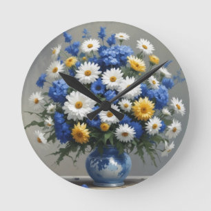 Blumenstrauß Elegante Aquarellmalerei Runde Wanduhr