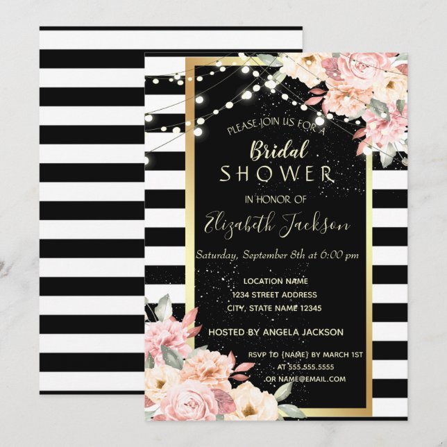 Blumenstrauß, gestreiftes Brautparty Einladung (Vorne/Hinten)