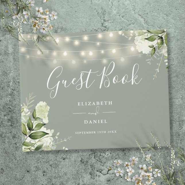 Blumenstrauß-Hochzeit Gästebuch (Sage Green Floral String Lights Wedding Guest Book)
