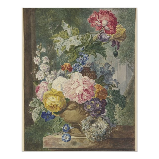 Blumenstrauß in einer Vase mit Vogelnest Poster (Vorderseite)