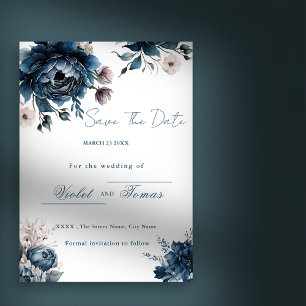 Blumenstrauß-Marineblau Save the Date Einladung