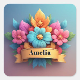Blumenstrauß mit Bandbanner 🌸 Quadratischer Aufkleber