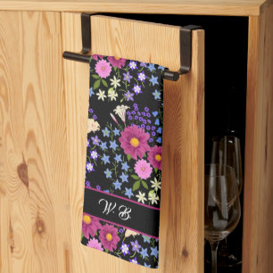 Blumenstrauß-Monogramm Schwarz Geschirrtuch