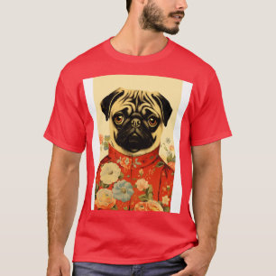 Blumenstrauß-Mops Dog Portrait Anzug Vintage Kunst T-Shirt