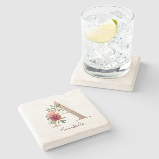 Blumenstrauß personalisierter Buchstabe "A" Steinuntersetzer (Seitenansicht)