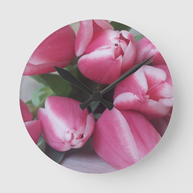 Blumenstrauß, Pink Tulips, Blume Runde Wanduhr (Vorderseite)