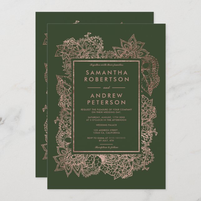 Blumenstrauß Rose Goldrahmen Jäger Grüne Hochzeit Einladung (Vorne/Hinten)