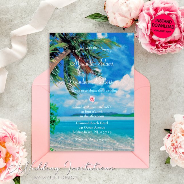 Blumenstrauß Sommer Palm Beach Hochzeit Einladung (Von Creator hochgeladen)