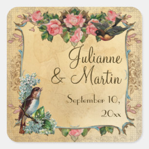 Blumenstrauß Vintag Moderne Rosen Liebe Vogelarten Quadratischer Aufkleber