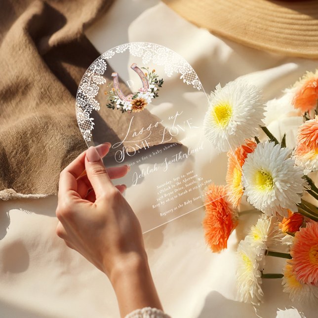 Blumenstrauß Western Horseshoe Foto Arch Babydusch Acryleinladungen (Floral Western Horseshoe Photo Arch Baby Shower Acrylic Invitations)