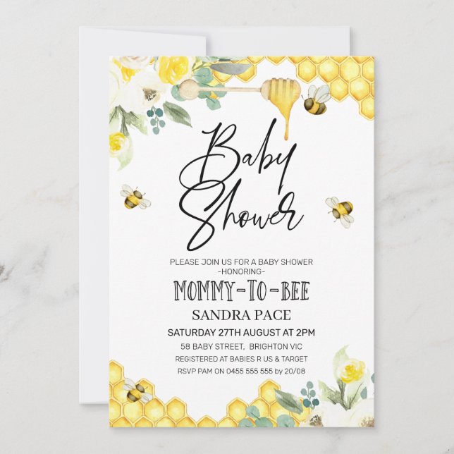 Blumensträuße Bee Themed Baby Dusche Einladung (Vorderseite)