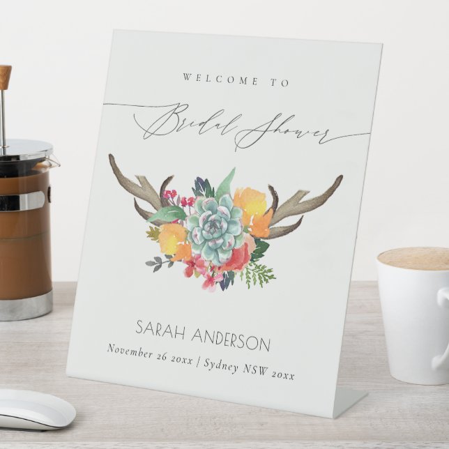 Blumensukkulent Antler Boho Begrüßungs-Brautparty Sockelschild (In Situ)
