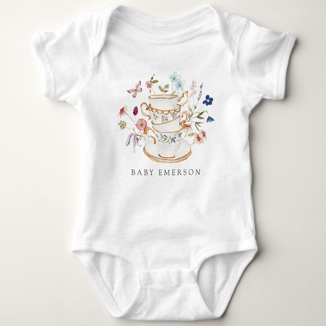 Blumentasse Baby Strampler (Wildflower Floral Tea Cup Party Baby Bodysuit by Painted Paperie
)