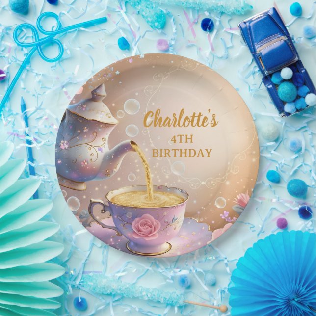Blumentasse & Teekanne - Pastell-Elegante Teeparty Pappteller (Party)