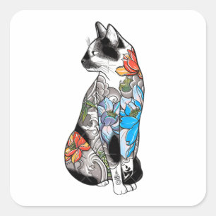 Blumentattoo Cat Illustration - Lebhaft, künstleri Quadratischer Aufkleber