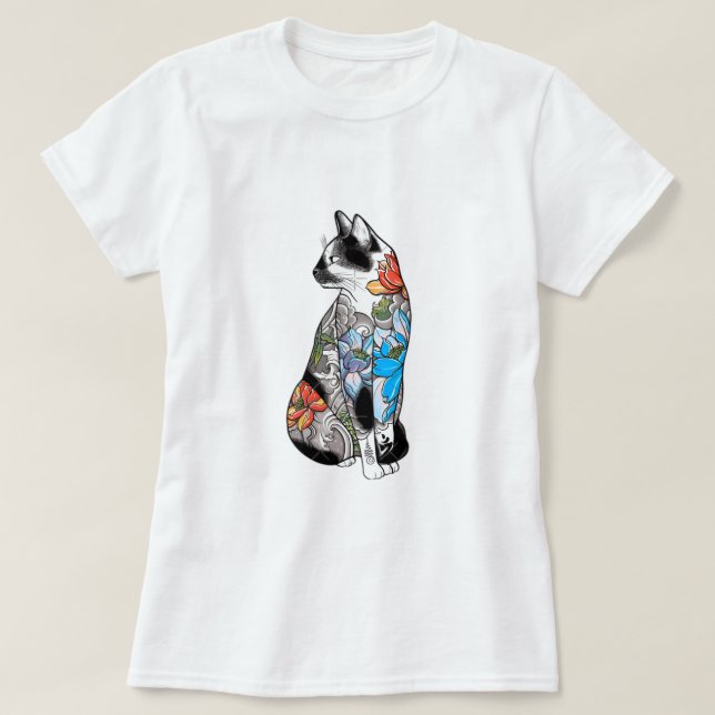Blumentattoo Cat Illustration - Lebhaft, künstleri T-Shirt (Design vorne)