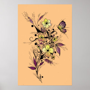 Blumentattoo in Gelb und Lila Poster