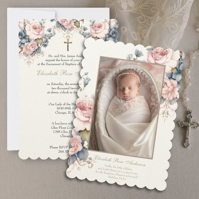 Blumentaufen Baby Foto Scripting Cross Einladung (Easy to customize, make this invitation uniquely yours!)