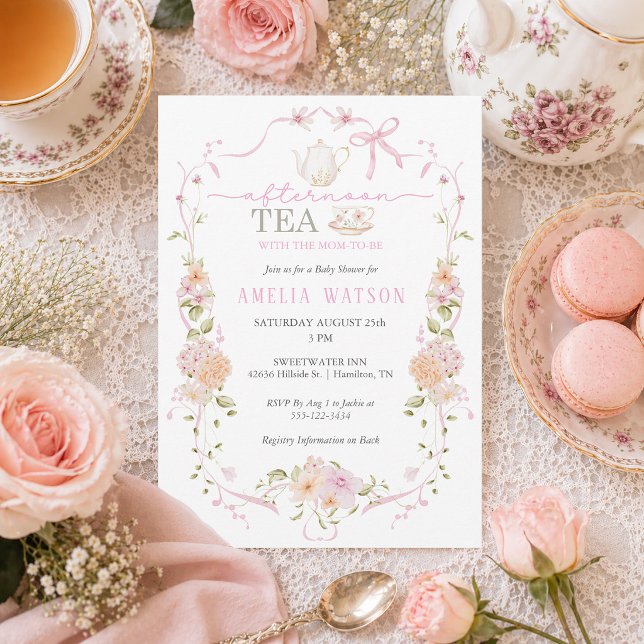 Blumentee mit Rahmen für die werdende Mutter zur B Einladung (Floral Frame Tea with the Mom-to-be Baby Shower Invitation)