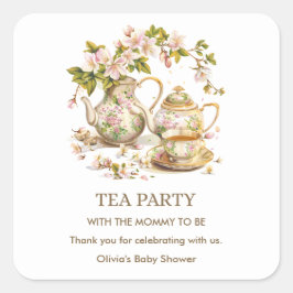 Blumenteekanne-Teeparty Teezeit Baby Shower Quadratischer Aufkleber