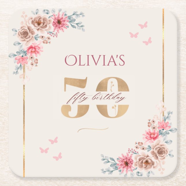 Blumenthema 50. Geburtstag Rechteckiger Pappuntersetzer (Vorderseite)