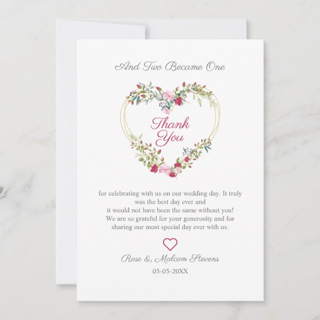 Blumentherz mit Blätter in Rosa und Rot Dankeskarte (Vorderseite)