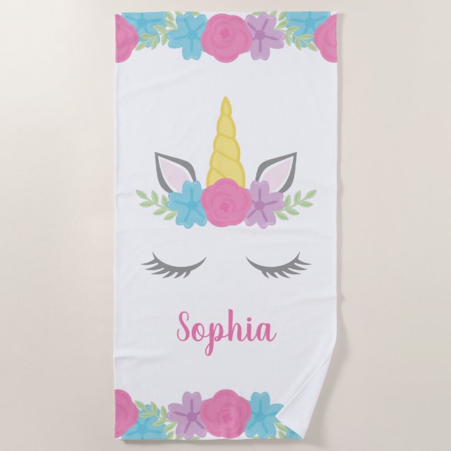 Blumenunicorn-Gesichts-personalisierte Kinder Strandtuch (Vorderseite)