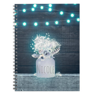 Blumenvase Mason Jar & Blaue Lichterkette Rustikal Notizblock