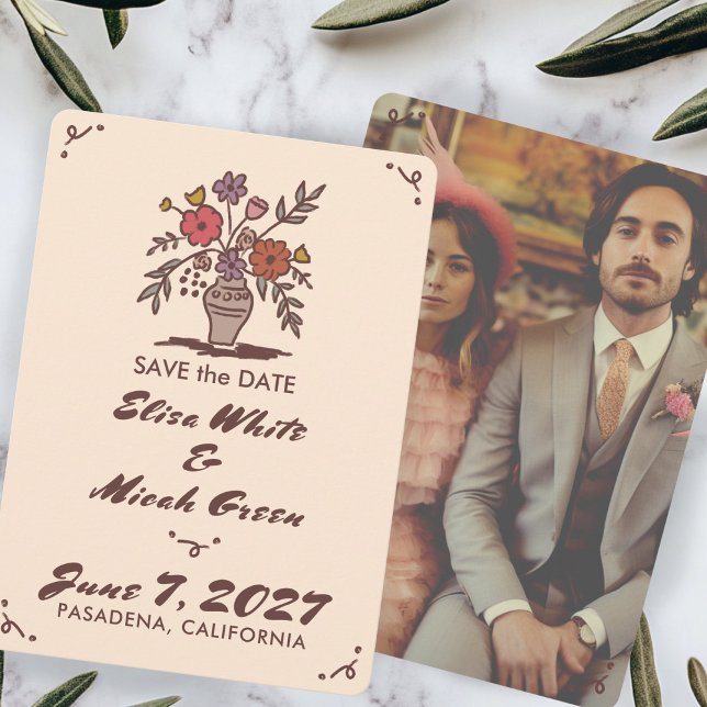 Blumenvase Rustikale Whimsikskizze Foto Save The Date (Floral Vase Rustic Whimsical Sketch Custom Photo Save The Date
)