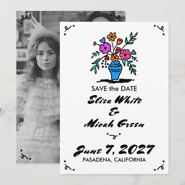 Blumenvase Rustikales Whimsisches Niedliches Sketc Save The Date (Vorne/Hinten)