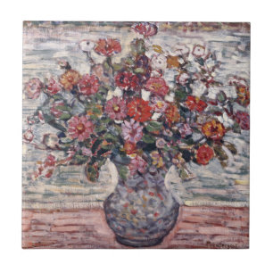 Blumenvase, Zinnias von Maurice Prendergast Fliese