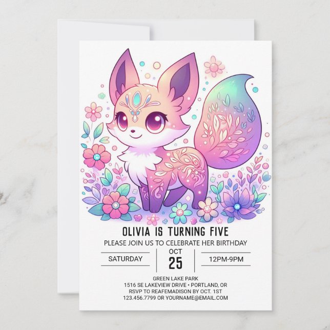 Blumenverzauberter Fox Digital Geburtstag Einladung (Vorderseite)