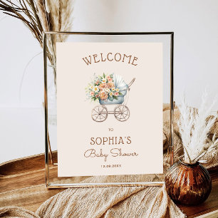 Blumenvintage-Kinderwagen-Baby-Shower-Willkommen Poster