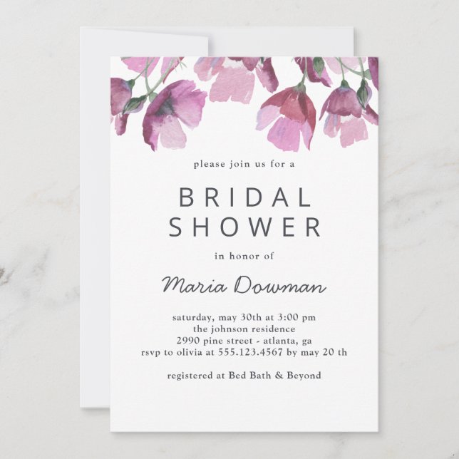 Blumenviolettes Brautparty Einladung (Vorderseite)