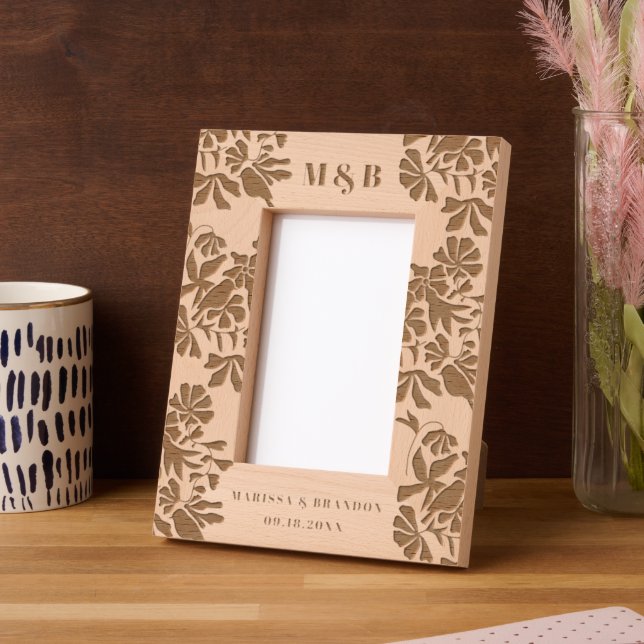 Blumenvögel Custom Wedple Monogram Foto Geätzte Rahmen (Linke Ecke)