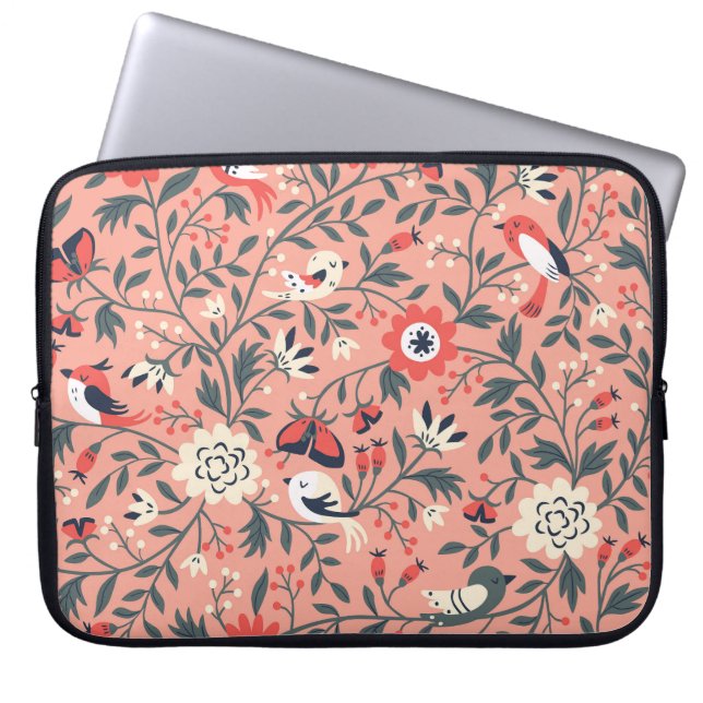 Blumenvögel Handgezogene Vintag Laptopschutzhülle (Vorderseite)