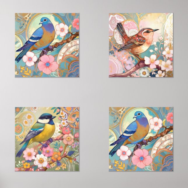 Blumenvögel Pastellfarben Rosa Blume und Vogelkuns Bilderwand Sets (Vorderseite)