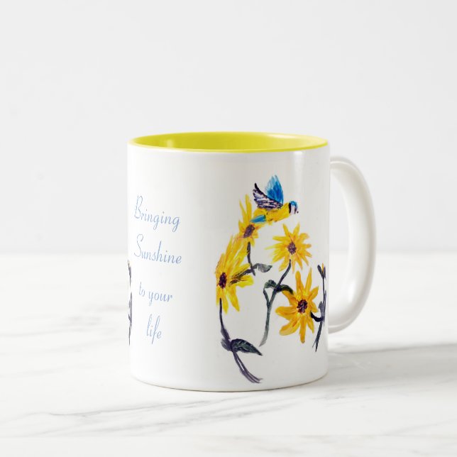 Blumenvogelkunst, Zitat von gelben Sonnenblumen Zweifarbige Tasse (VorderseiteRechts)